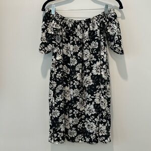 Fabrik Off The Shoulder Black Floral Mini Dress Flowery Aline Babydoll Small LBD